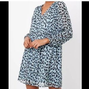 LOFT Blue Leopard Print V-Neck Long Sleeve Dress Size Large